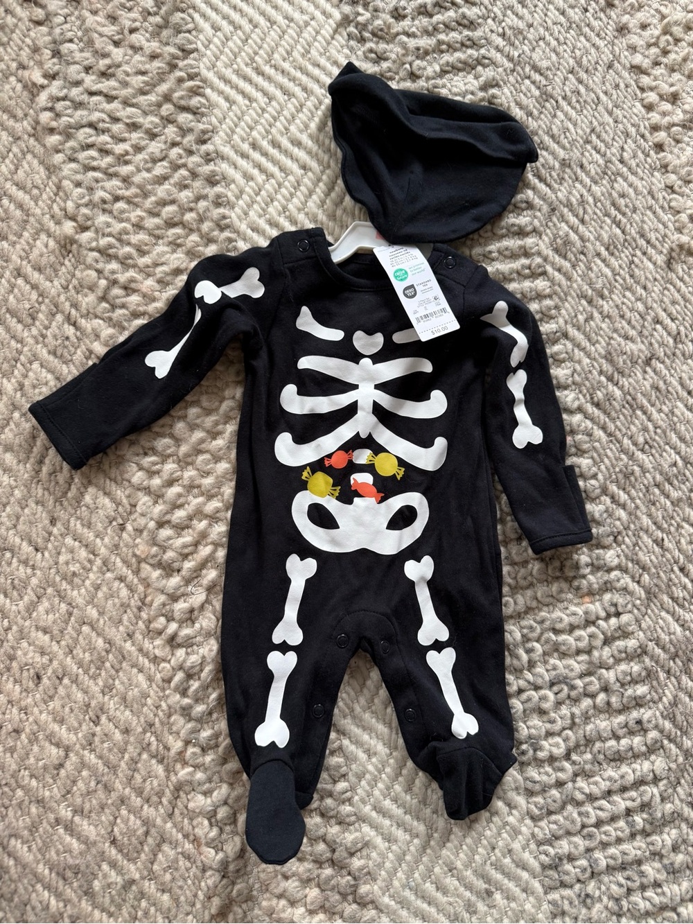 Carter's Black Skeleton Footed One-Piece with Candy Accent and hat newborn nwt